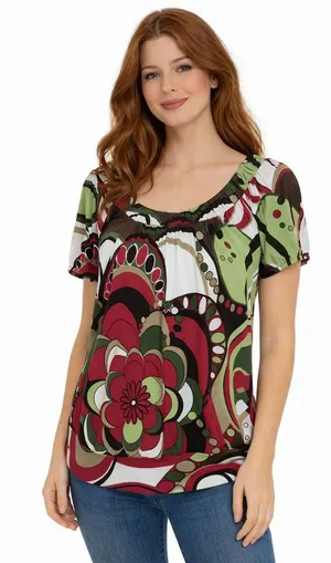 Y2K AB Studio Psychedelic Floral Top Small Retro Mod Puff Sleeve Tunic Blouse thumbnail 1