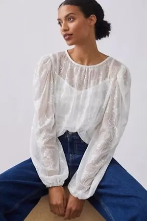 Eva Franco White Sequin Mesh Puff Sleeve Blouse SE10054AN Size S thumbnail 1