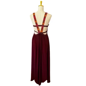 Free People Embroidered Bohemian Ribbon Lace Flower Maxi Dress Burgundy Small thumbnail 3
