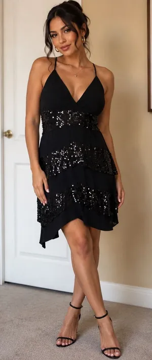 La Bellum sequins Black Sequin Tiered Slip Dress thumbnail 1