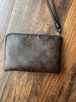 Coach Brown and Black Signature Canvas Wristlet with Leather Stripe thumbnail 3