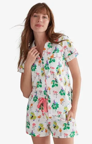 The Company Store Printed Cotton Poplin Button-Up Polo Flamingo Bird Print Pajama Top thumbnail 1