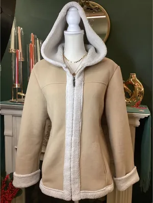 Esprit Sherpa Lined Hooded Jacket Beige Soft Fleece Full‎ Zip Women L thumbnail 1