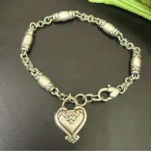 Retired BRIGHTON Blair Heart Barrel Link Chain Silverplated Heart Charm Bracelet thumbnail 1