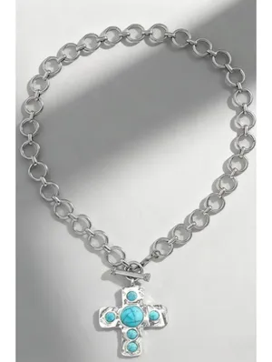 Zenana Silver Chain Necklace with Turquoise Cross Pendant thumbnail 2