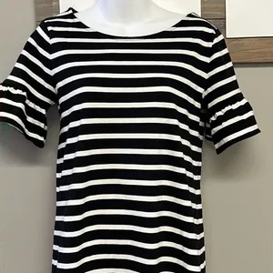 J. Crew Black & White Striped T- Shirt Dress w/ Ruffled Puff Sleeves- Small thumbnail 2