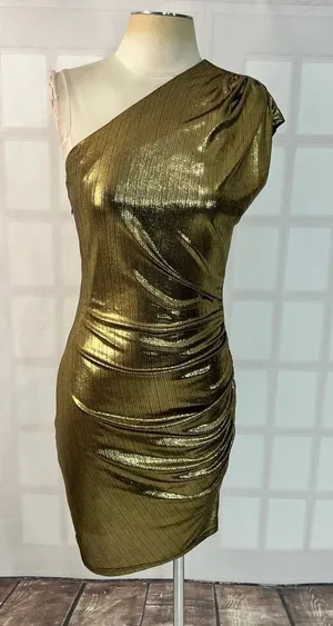 Grace Karin gold one shoulder side ruched cocktail dress size small thumbnail 1