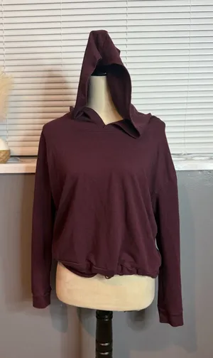 New York & Company Deep Plum Open-Back Hooded Long Sleeve Top thumbnail 1