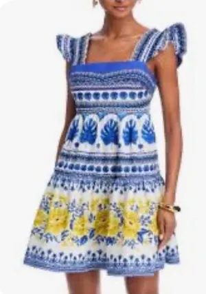 Farm Rio Blue White Tropical Floral Print Ruffle Mini Romper Size Small S thumbnail 1