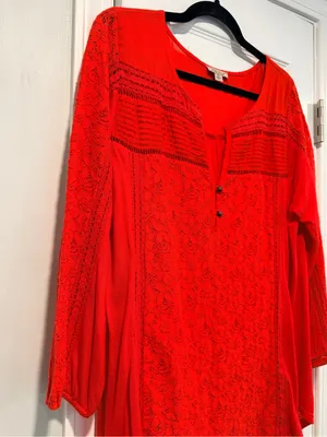 Lucky Brand Size XL Red Lace Boho Tunic Blouse 3/4 Sleeve Floral Peasant Top thumbnail 8