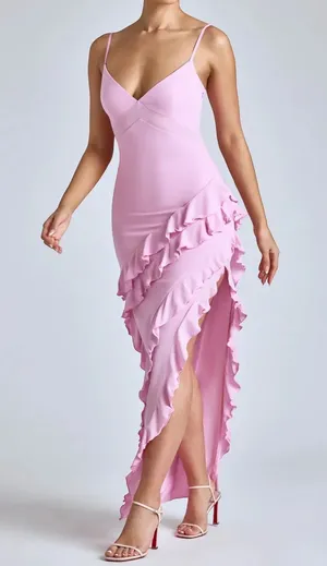 Oh Polly Pink Ruffle Maxi Dress Side Slit Size 10 thumbnail 1