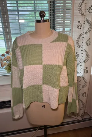 Moon and Madison Cream & Light Green Checker Knit Sweater - Women thumbnail 1