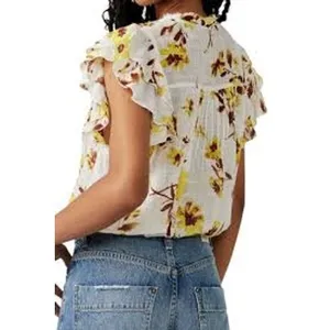 Free People Blouse Womens Small White Floral FP‎ One Adella Ruffle Boho Top thumbnail 4