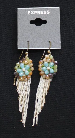 NWT Express Link Floral Bead Tassel Dangle Earrings Gold / White / Blue Multi 3" thumbnail 1