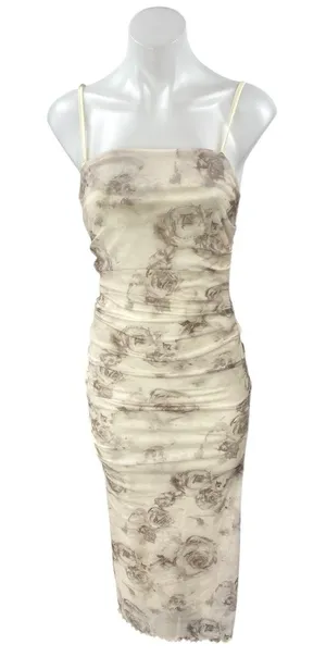 NEW Commense Cream Floral Ruched Sleeveless Cami Camsole Bodycon Tank Dress S thumbnail 1