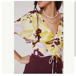 Maeve Anthropologie cinched yellow floral flutter sleeve tie top thumbnail 2