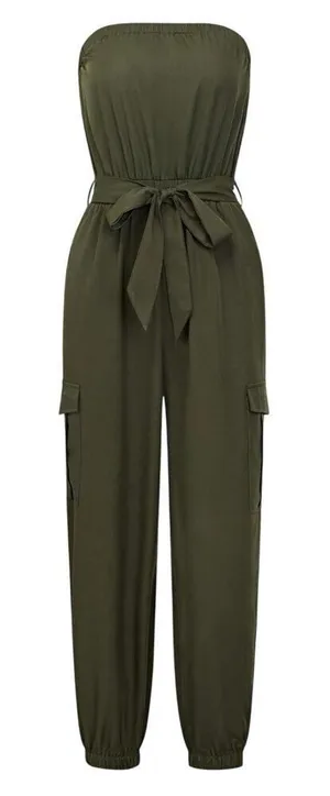 SheIn Strapless Jumpsuit With Gathered Waist And Ankle Cuffs in Green, Size M​​​ thumbnail 1