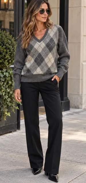 Belmondi Lamb and Angora Wool Gray & Cream Argyle V-Neck Sweater Size Small thumbnail 1