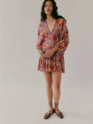 Free People Floral V-Neck Mini Dress in Lavender & Peach thumbnail 2