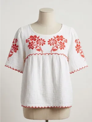 Old Navy Embroidered Crinkle Gauze Boho Peasant Top Orange Floral Scallop XL thumbnail 1