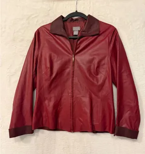 Sigrid Olsen Red Leather Jacket Womens Size 10 Full Zip Collared MIMU8967C thumbnail 1