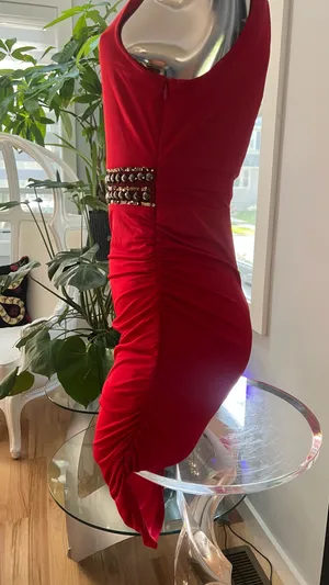 Bebe Red One-Shoulder Beaded Waist Cocktail Dressw thumbnail 6