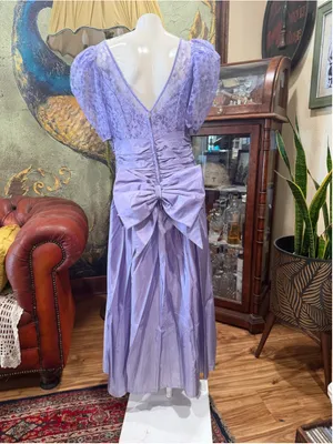 Vintage 80s Lavender Taffeta Lace Midi Prom Dress ILGWU 14 thumbnail 5