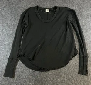 We The Free Free People Black Thermal Waffle Knit Raw Seam Top Thumbholes Small thumbnail 1