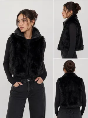 Genuine New Zealand Possum‎ Fur Cropped Vest Boxy High Collar Black Womens OS thumbnail 2