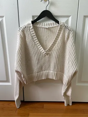 Aerie Offline Open Knit Crochet V-neck Cropped Sweater in Cream thumbnail 2