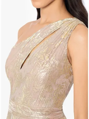 NWT BETSY AND ADAM "MARIAH" Gold FOIL KNIT ONE SHOULDER DRESS thumbnail 6
