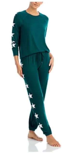 AQUA Lounge Womens Green Star Print Pajama Set Long Sleeve Top Joggers Size M thumbnail 1