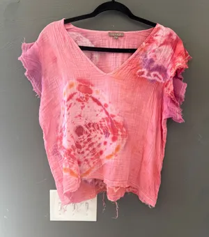 Lilla P Womens Pink Tie Dye Cotton Gauze V-Neck Raw Edge Short Sleeve Top Size M thumbnail 1