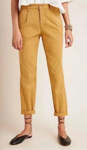 Anthropologie Women Scout Slim Pleated Straight Leg Ankle Pants Honey 27 Boho thumbnail 1