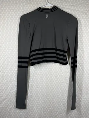 Free People Movement Grey Black Striped Crop Triumph‎ Mock Neck Top thumbnail 5