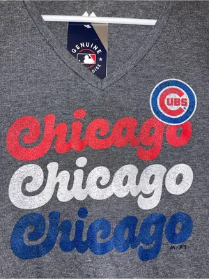 Genuine Merchandise Chicago Cubs V-Neck Tee - Gray with Red White Blue Script thumbnail 3