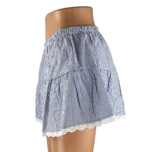 NEW Edikted Blue White Seersucker Striped Tiered Lace A Line Mini Skirt Size M thumbnail 2