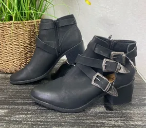 Sugar Black Bailey Zip Buckle Trim Block Heel Ankle Booties Boots 7 thumbnail 1