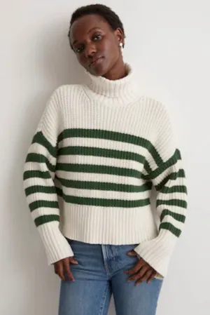Madewell Womens Wide Ribbed Striped Turtleneck Sweater Small Ivory Green thumbnail 1