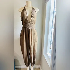 Earthbound Trading Co halter neck, gathered waist, harem leg jumpsuit, olive S thumbnail 3