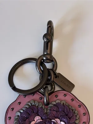 Coach Leather Sequin Applique Tea Rose Key Ring Bag Charm, Pink / Purple, 32677 thumbnail 6