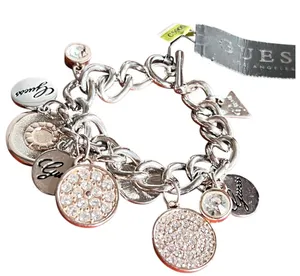 Guess Y2K Charm Link Bracelet Silver Rose Gold Crystal Logo Dangle Modern Glam‎ thumbnail 1