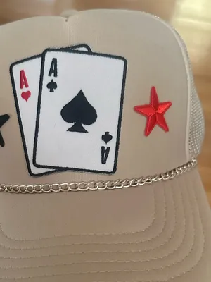 OTTO Aces Cards Stars Patches and Goldtone chain Beige Trucker SnapBack Cap Hat thumbnail 6