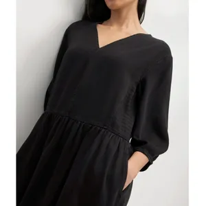 Everlane Tencel Puff Sleeve Dress Women L Black V Neck Midi Lagenlook Minimalist thumbnail 2