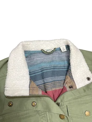 LL Bean wms olive green sherpa collar plaid lined field jacket sz M SKU 10-782 thumbnail 5