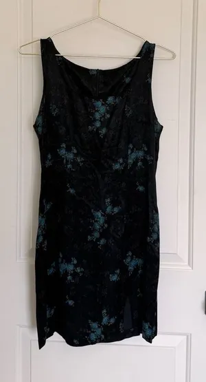 Vintage 90s Black Satin Sleeveless Mini Side Slit Dress with Blue Floral Pattern thumbnail 1