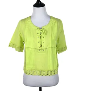 Neon Green Yellow Lace Up Cropped Top Lace Trim Pleated Blouse Size Small thumbnail 2
