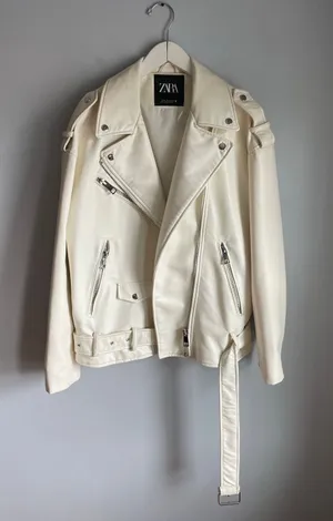 ZARA Cream White Moto Biker Jacket Minimalist Size Medium Neutral Oversized thumbnail 1