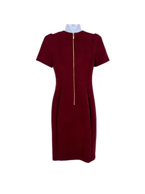 Calvin Klein Burgundy Faux Suede Sheath Dress Short Sleeve Gold Back Zip Size 2 thumbnail 5