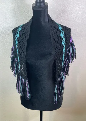 Womens Handmade Free Size Crochet Shawl Black Teal Purple Fringe Boho Wrap Layer thumbnail 1